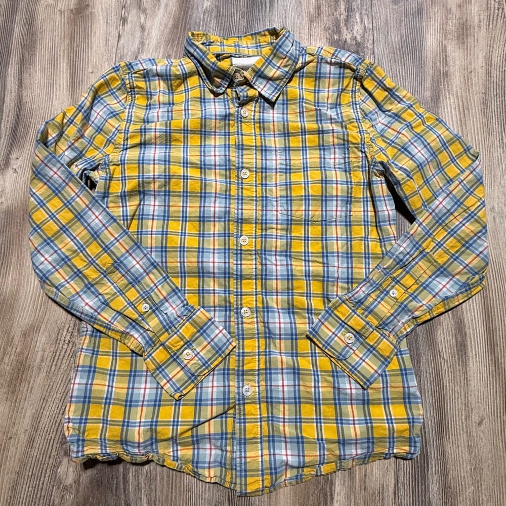 Preppy Mini Boden Button Down Shirt Yellow Blue Plaid 11-12Y Normcore Kids